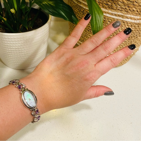 Vintage Gem Watch Sterling Silver Mother Of Pearl Face Amethyst Bracelet 7.5” - Picture 5 of 11